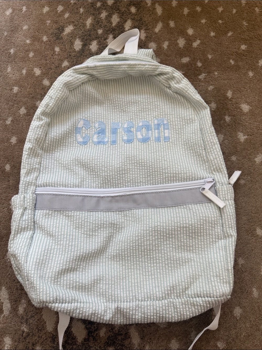 Gray Striped Backpack with 'carson' Embroidery